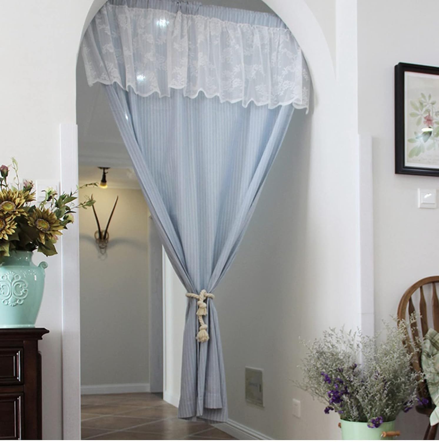 Short Curtain for Small Window Farmhouse Cotton Blue Striped Curtain with White Floral Lace Window Treatment Valance Panel Drapes Half Curtain for Kitchen Café Cabinet Curtain Tier Curtain