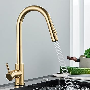 Kitchen Tap with Pull Out Spray High Arc Pull Down Kitchen Sink Mixer Taps with 2 Spray Mode, Stainless Steel Single Lever 360° Swivel Commercial Kitchen Faucet, 1 Hole, Brushed Gold