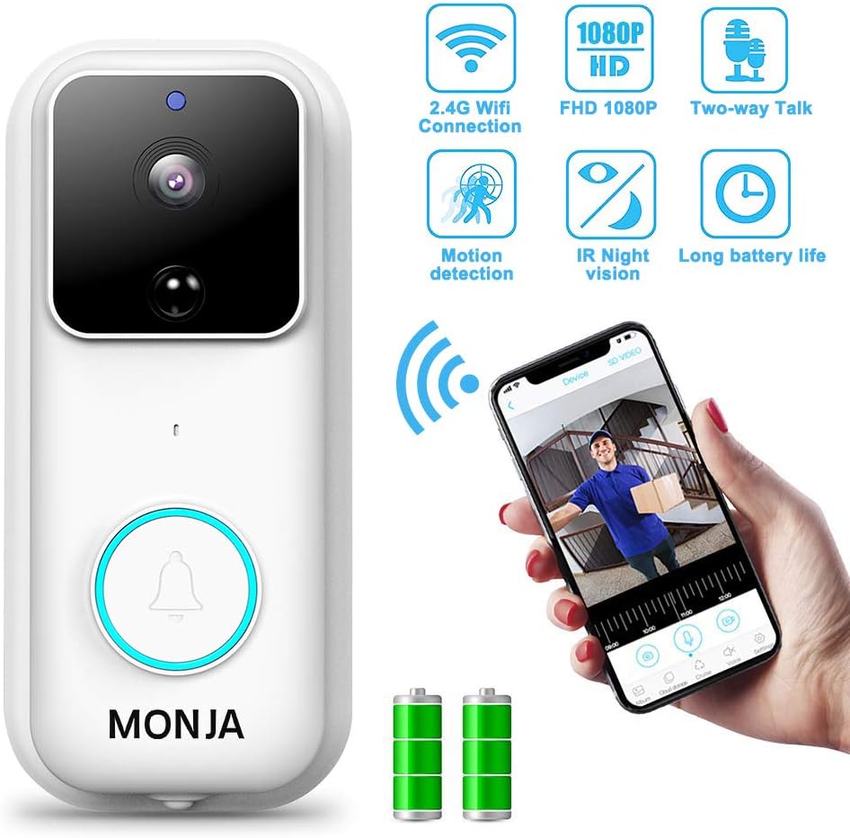 Smart Video Doorbell, Monja FHD 1080P Wireless Security Camera 170°Wide Angle Wifi Doorbell, PIR Motion Detection Night Vision, Two-Way Talk, 2 Rechargeable Battery