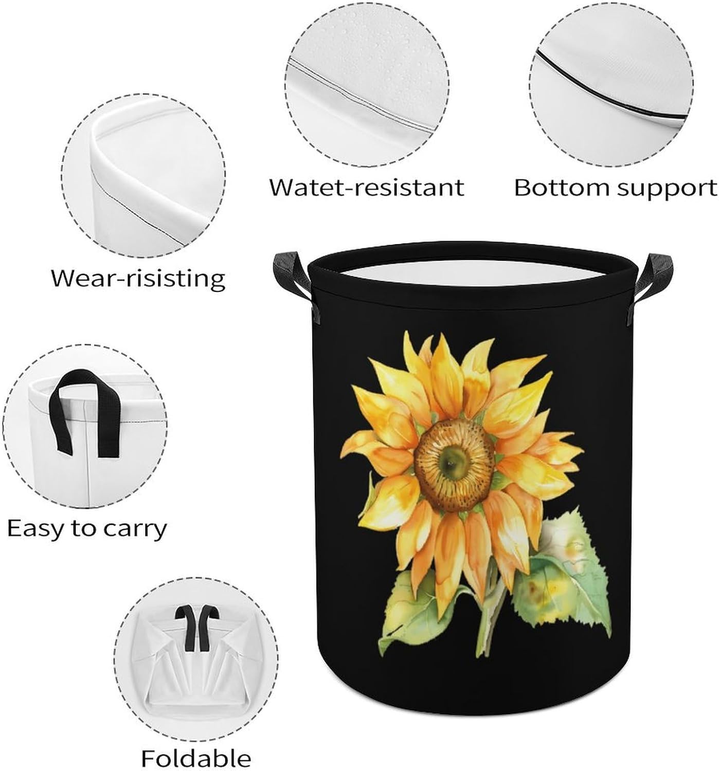 Watercolor Sunflower Novelty Collapsible Laundry Baskets Waterproof Clothes Hamper Storage Bins with Handles 13.8"x13.8"x17.3" 17.3"x17.3"x17.3"