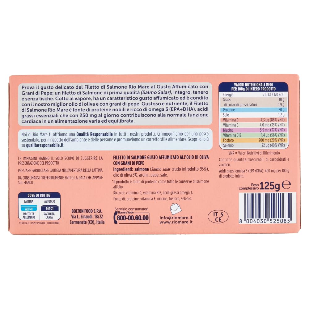 Italian Gourmet Filetto di salmone Olivenöl Pfeffer geräuchert 12 x 125g | Cotto a vapore, zarter Fisch mit Rauchnote, pronto per insalate, antipasti, Gesamtnettogewicht 1,5 kg + Kostenlos Polpa 400g