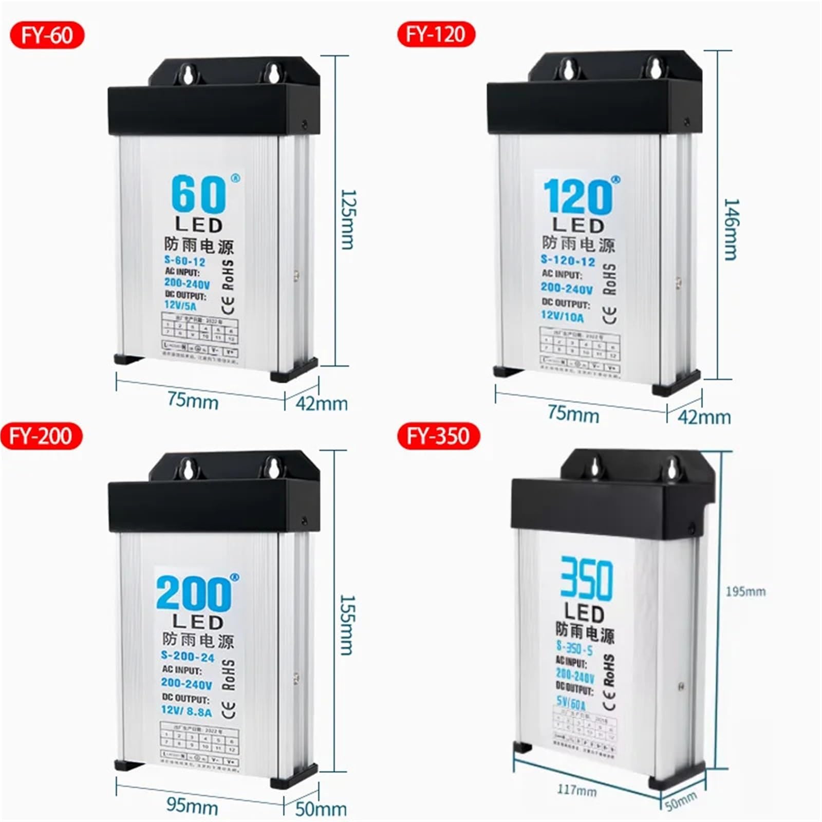 1 pz 60W 120W 200W 350W 400W Alimentatore switching antipioggia AC/DC 5V 12V 24V Illuminazione LED SMPS da parete for esterni(60W 12V 5A)