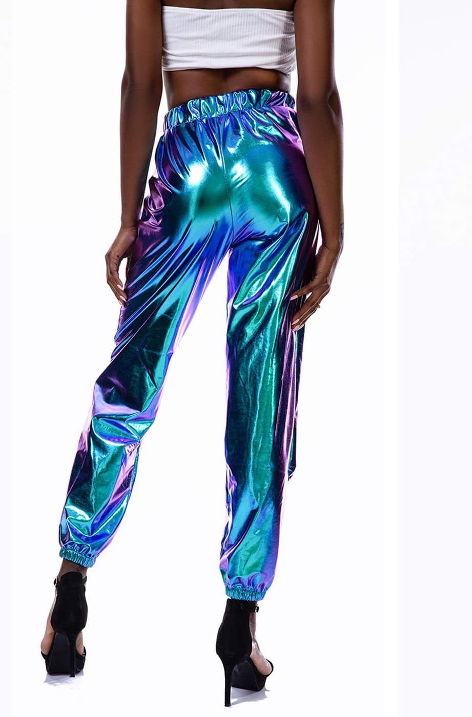 SIAEAMRG Womens Shiny Metallic High Waist Stretchy Jogger Pants, Wet Look Hip Hop Club Wear Holographic Trousers Sweatpant - Image 3