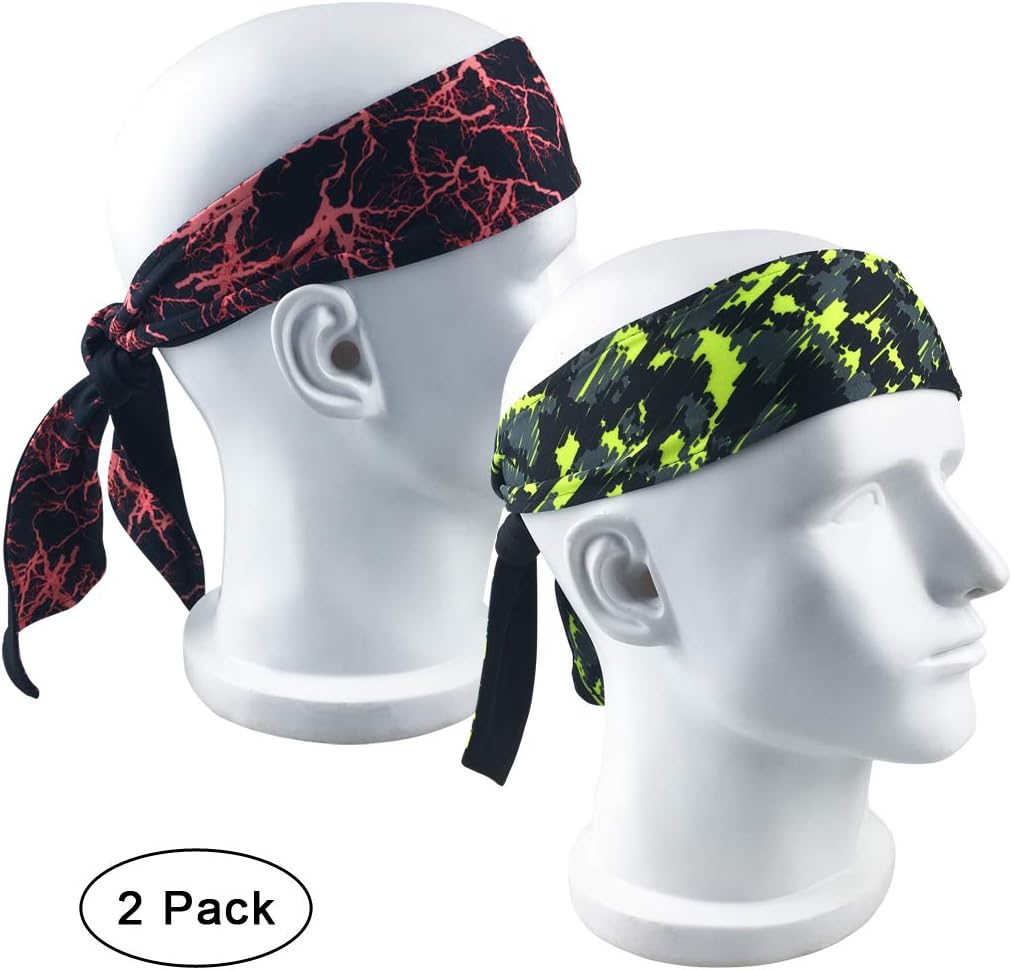 NINGDER Long Tail Printed Head Tie,Custom Fit Sports Headband,Moisture Wicking Head Wrap Sweatband for Running,Crossfit,Basketball,Workout,Bike Helmet Friendly (2-Pack/1-Red & 1-Green)