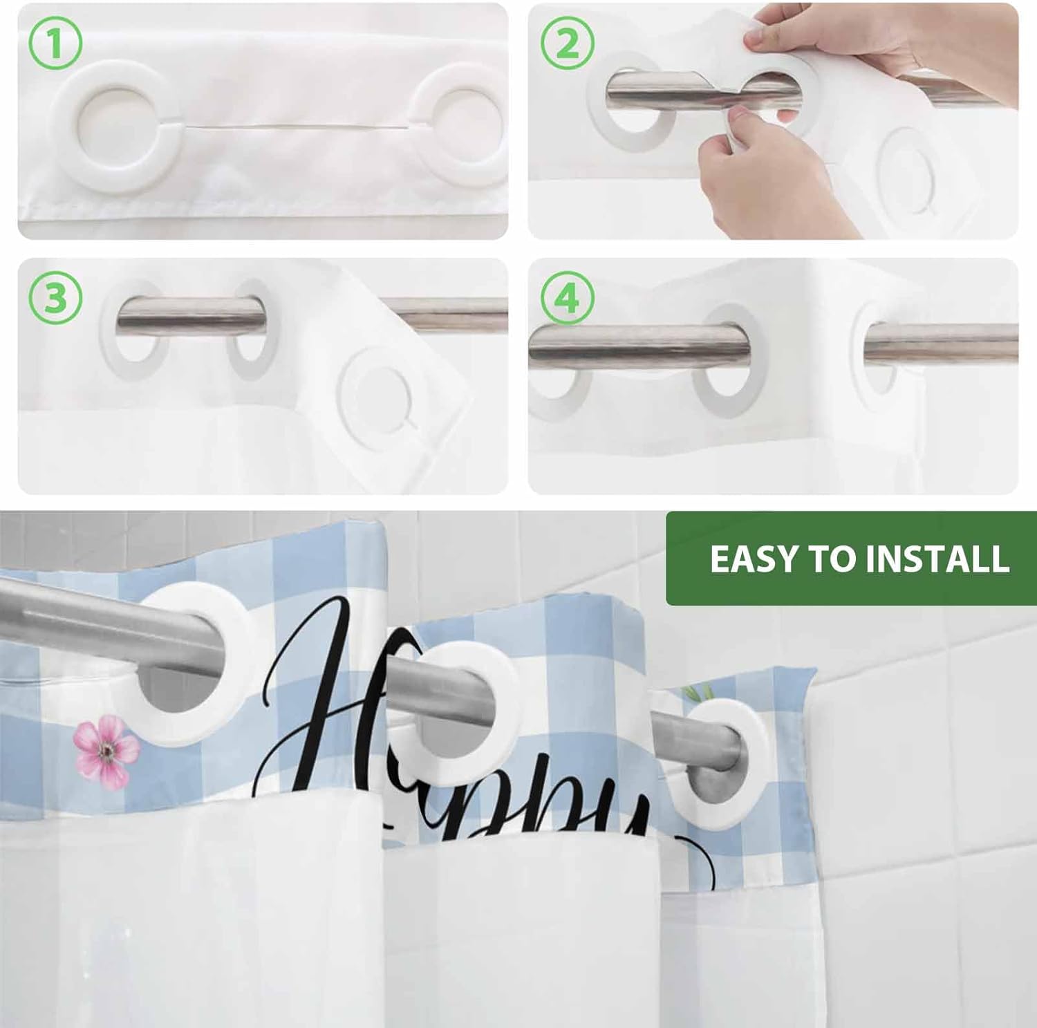 No Hook Shower Curtain and Snap in Liner Set, Easter Fabric Bathroom Shower Curtains 66x72 Inch, See Through Mesh Top Window, Spring Bunny Sheep Floral Eggs Botanical Blue Check Hotel Style