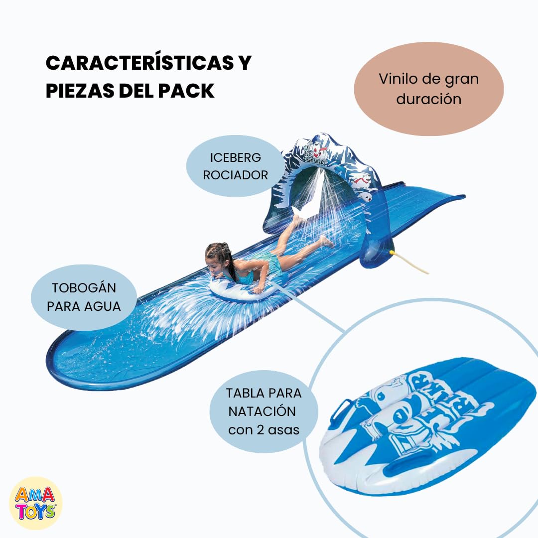 Tobogan Acuatico 500x95 cm para Niños – con Doble Deslizamiento, Rociadores de Agua y Tabla de Surf – Juguete de Verano al Aire Libre para Jardín, Piscina o Cesped