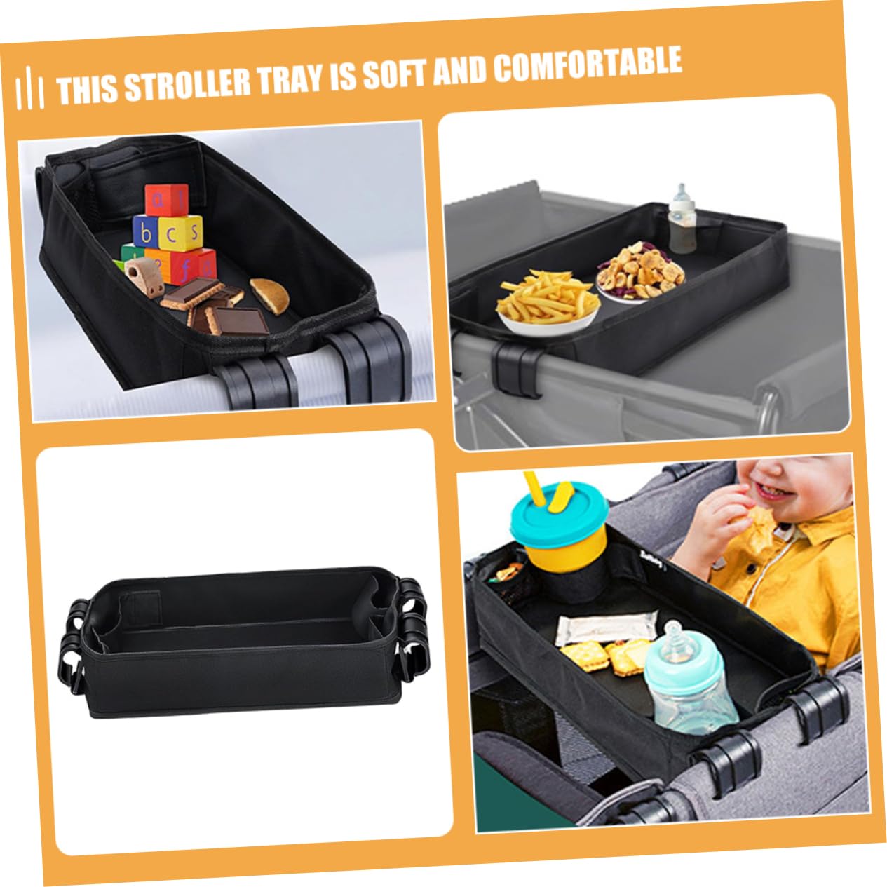 Kinderwagen Tablett mit Getränkehalter und Handyhalterung Universelles Snack Tray für Junge Mädchen und Kleinkinder Clip Zubehör für Kinderwagen Schwarz