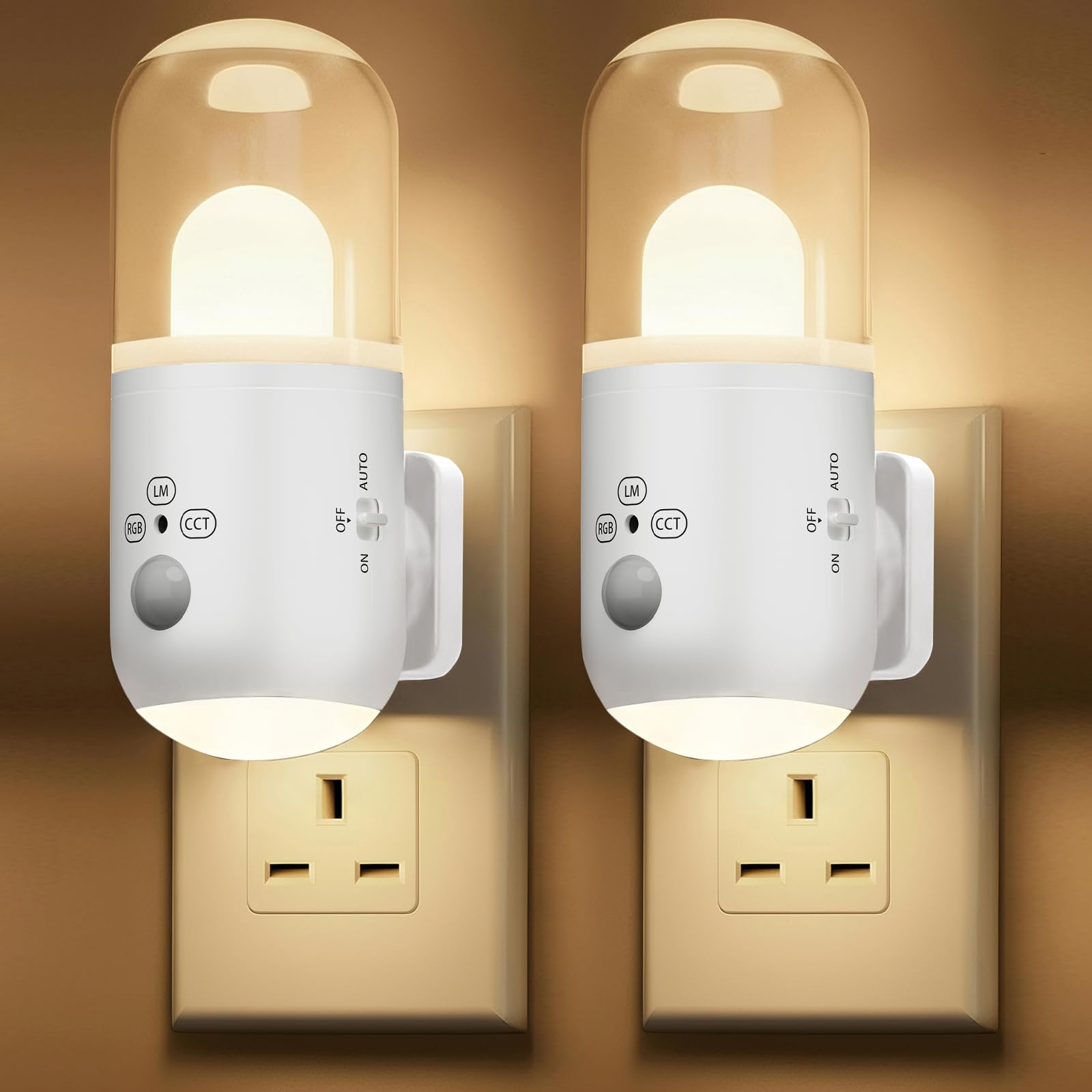 Night Light Plug in Wall with Motion Sensor & Dusk to Dawn Sensor, 3 Color Temperatures,5-Level Dimming (20-240 LM) RGB LED Night Light for Bedroom, Hallway, Stairs (White 2pcs)