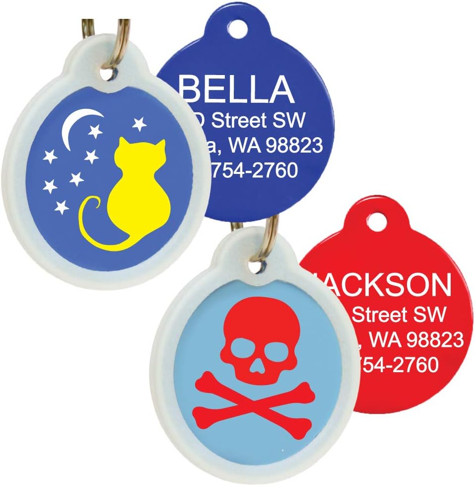 Unique Pet Tags, Personalized with 4 Lines of Custom Engraved ID, Silent Dog Tags with Glow in The Dark Silencer to Quiet Tag, Several Cute Tag Designs for Cat or Dog, (Skull and Crossbones)