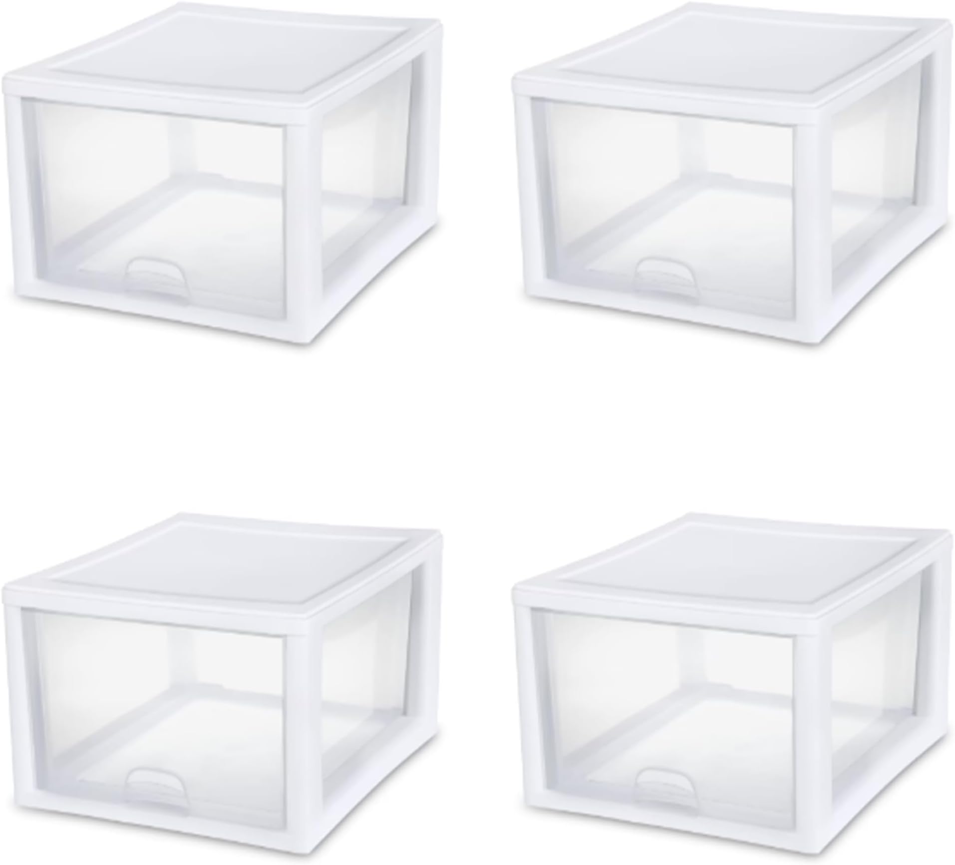Sterilite 23108004 27 Quart/26 Liter Stacking Drawer, White Frame with Clear Drawers, 4-Pack