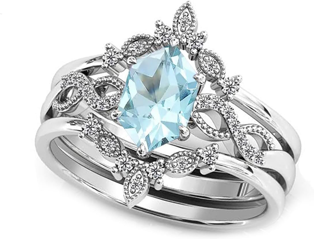 1 Carat Hexagon Cut Gemstone with Moissanite/Diamonds Engagement Ring Set 925 Sterling Silver Birthstone Leaf Art Deco Ring Set for Bridal Wedding(Size 4-15)