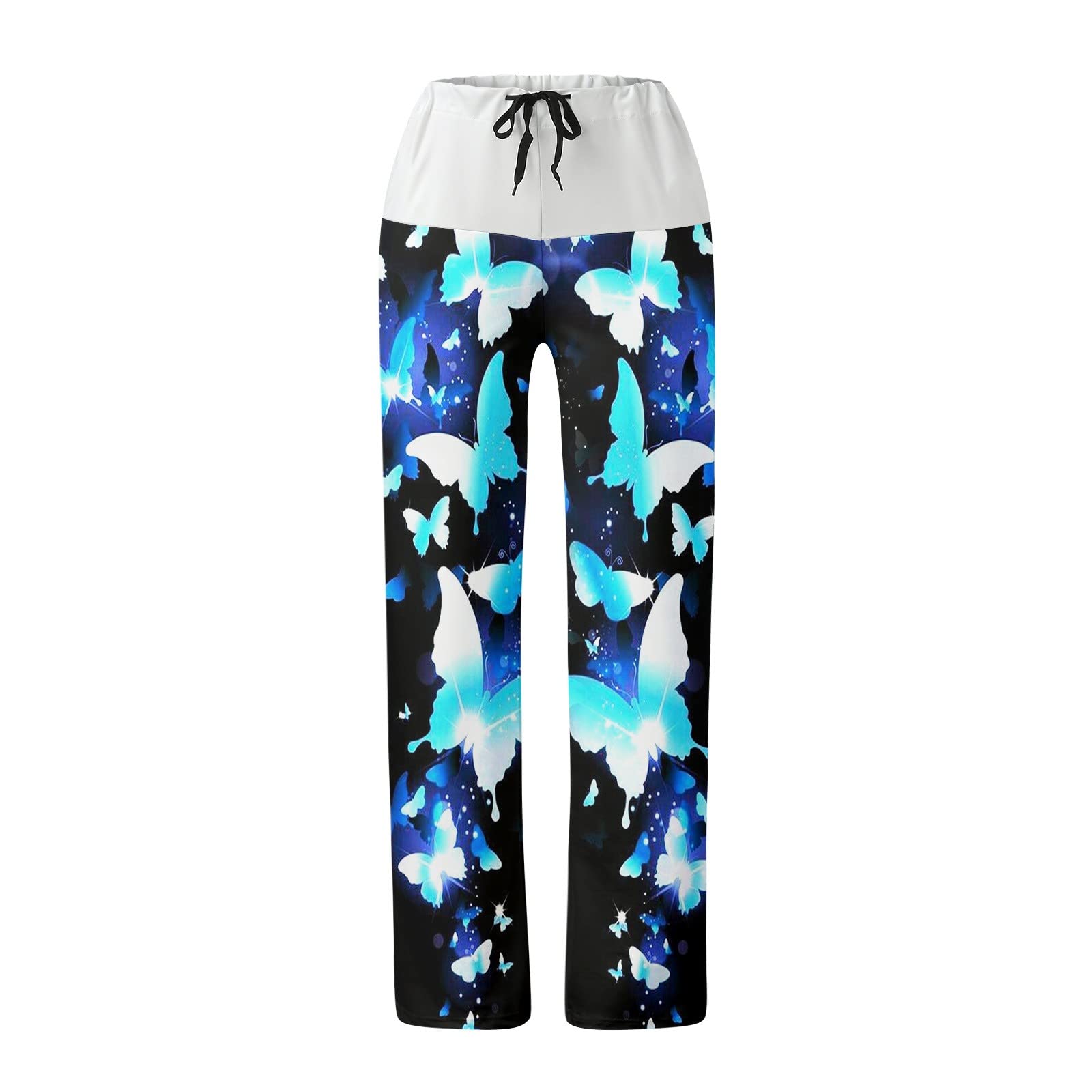 Wide-Leg Pants Womens Elastic High Waist Loose Yoga Pants Butterfly Print Drawstring Casual Straight Trousers