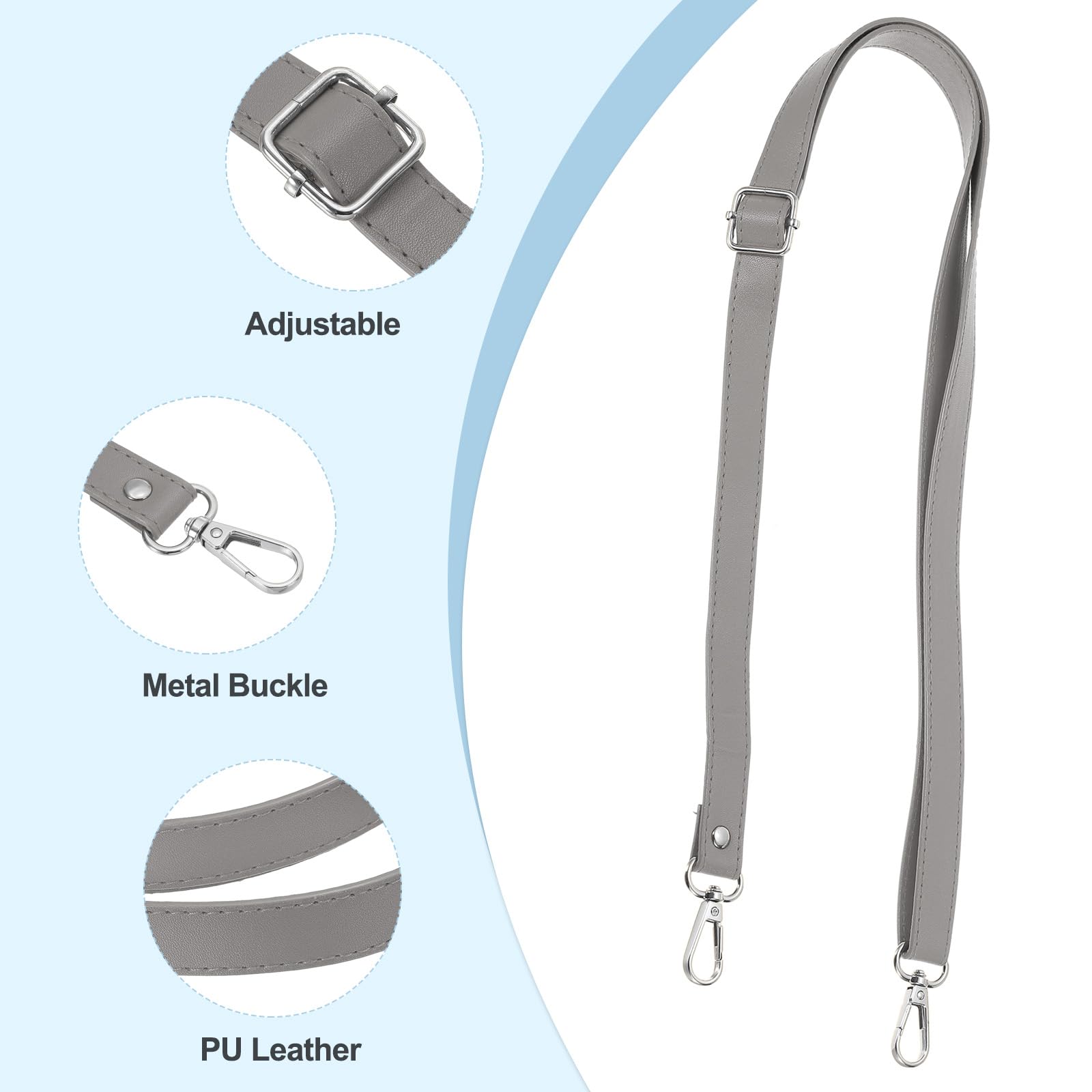 PATIKIL Leather Purse Strap Replacement 51 Inch, Adjustable Shoulder Crossbody Replacement Strap with Silver Hardware, Grey - Image 3