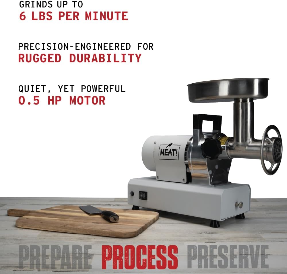 MEAT! .5 HP Pro-Grade Meat Grinder #8 with 3 Stuffing Tubes, 2 Stainless Steel Grinding Plates, and a Stainless Steel Stuffing Plate for Making Ground Meat