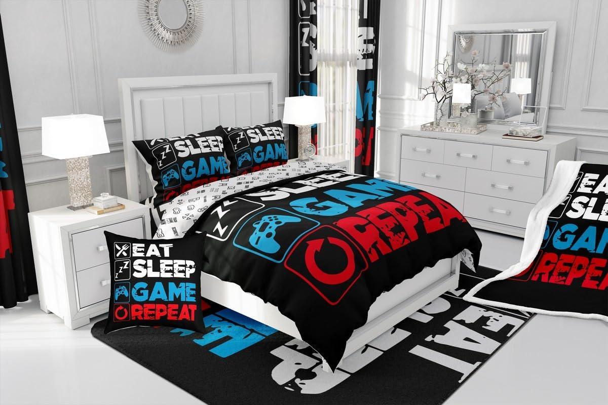 Video Games Duvet Cover Set Toddler Size,Modern Gamer Bedding Set for Kids Boys Girls Room Decor,Game Controller Comforter Cover,Red Blue Black Quilt Cover with 1 Pillowcase(No Comforter)