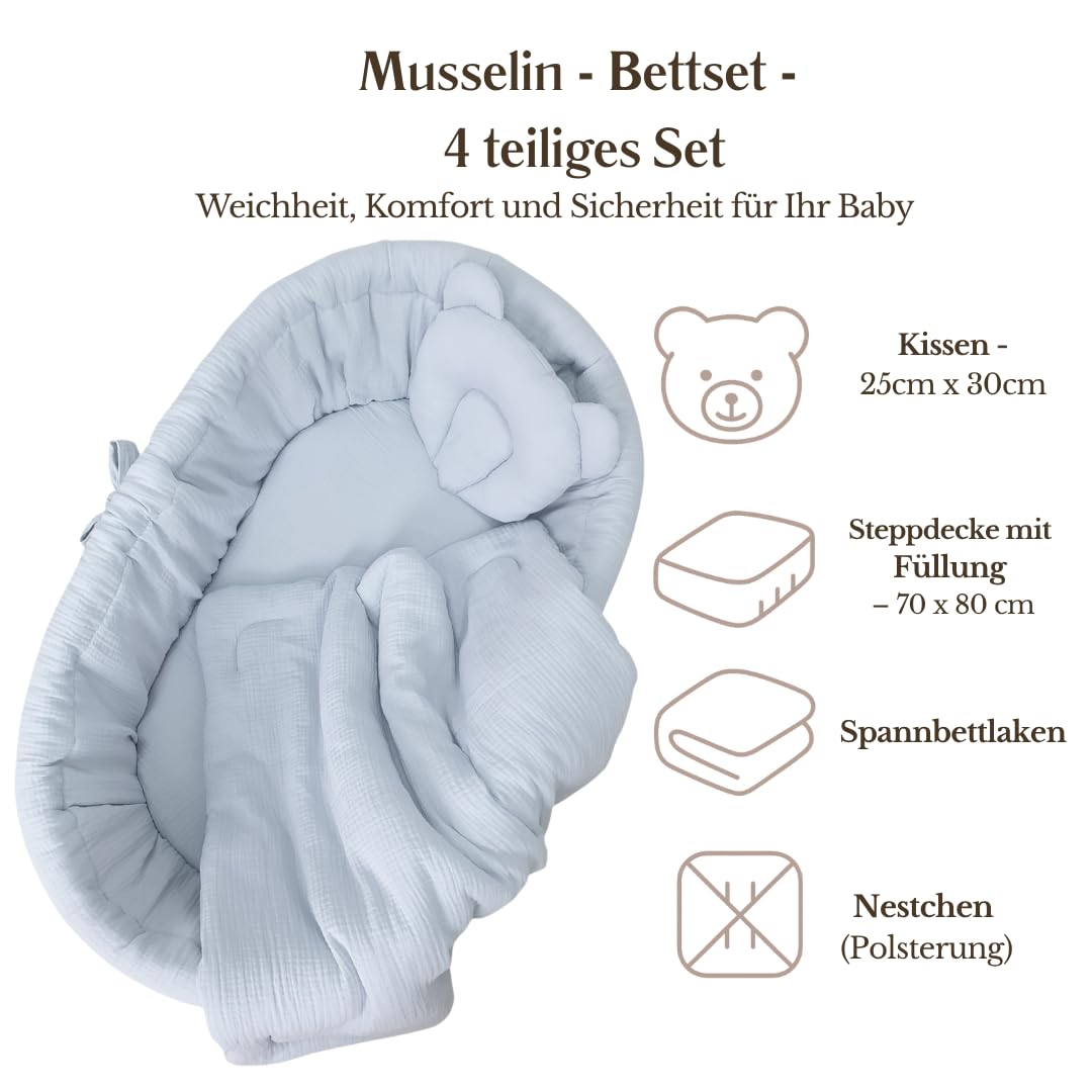 Stubenwagen Baby mit Rollen & Bremse – Grauer Moseskorb aus Naturweide inkl. Matratze & Hellgrau Bettwäsche aus 100% Baumwolle – sicher & mobil – Modell Amelia