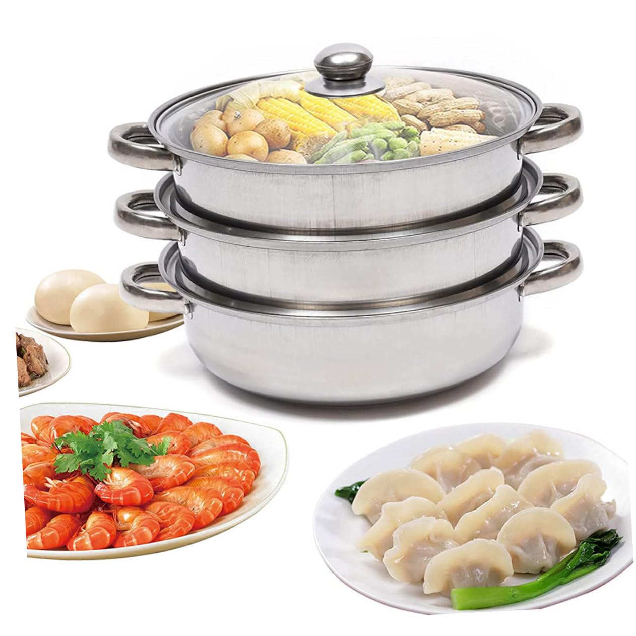 Vaporera de Cocina de Acero Inoxidable 28cm de 3 Niveles para Cocinar