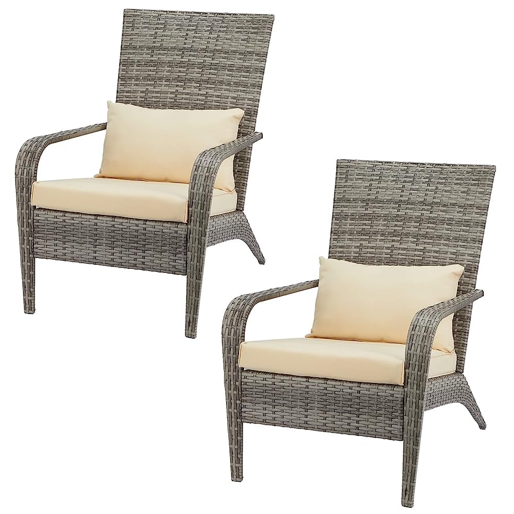 YODOLLA Ensemble de 2 Fauteuils de Jardin Exterieur Adirondack en PE Rotin - Chaises de Jardin Confortables avec Coussins Détachables - Mobilier d'Extérieur pour Terrasse, Balcon et Piscine - Gris