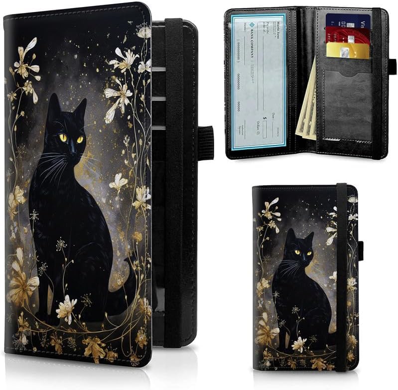 Image of FUYOCWE Leather Checkbook Covers for Men Women Check book Holder Cover Wallets for Personal Checkbook Duplicate Checks with RFID Blocking & Elastic Strap,Black Cat with Gold Floral