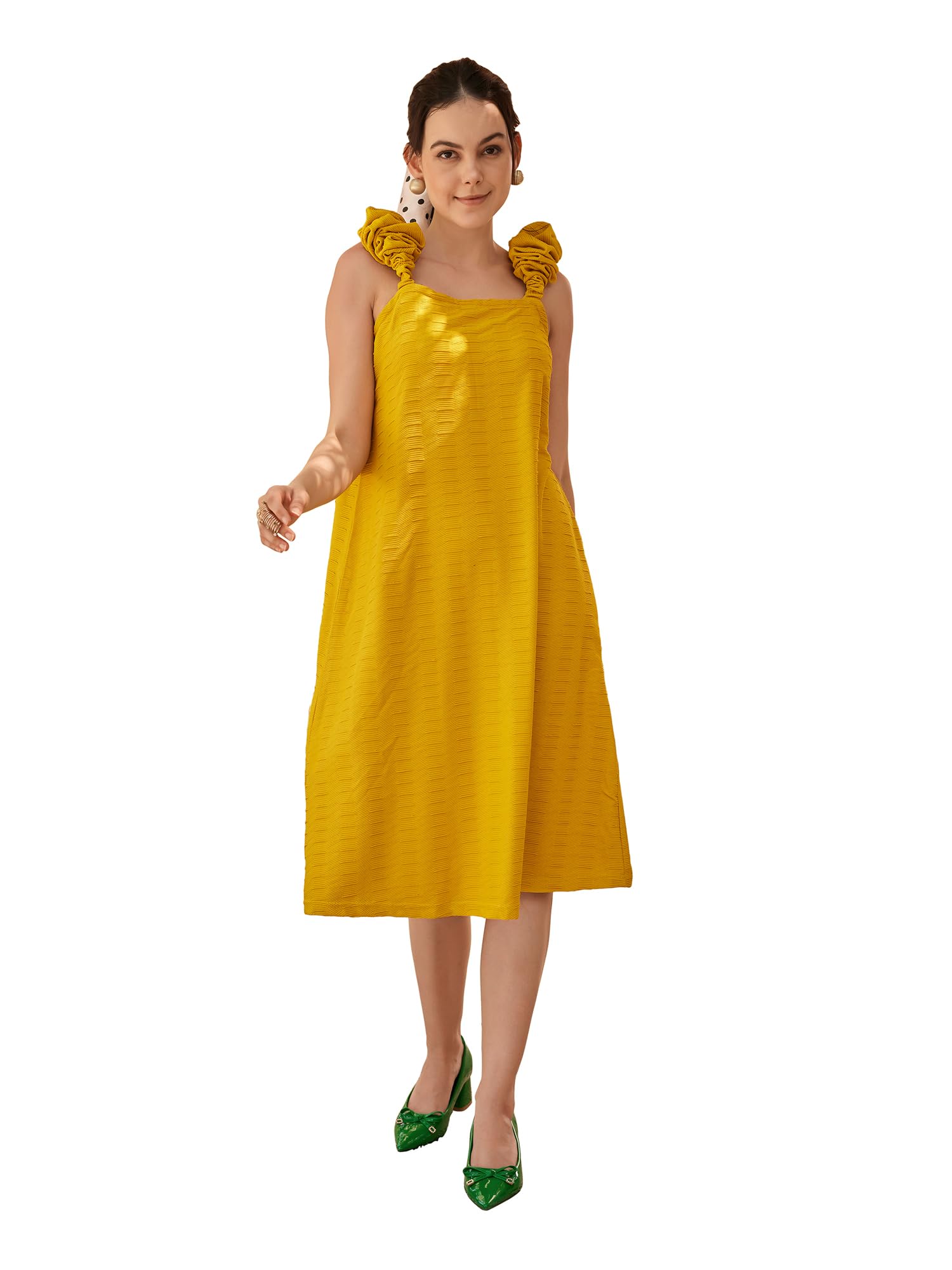 Purvaja Womens A-Line Below Knee Length Dress (Suzi-012-Yellow_Yellow_Small)
