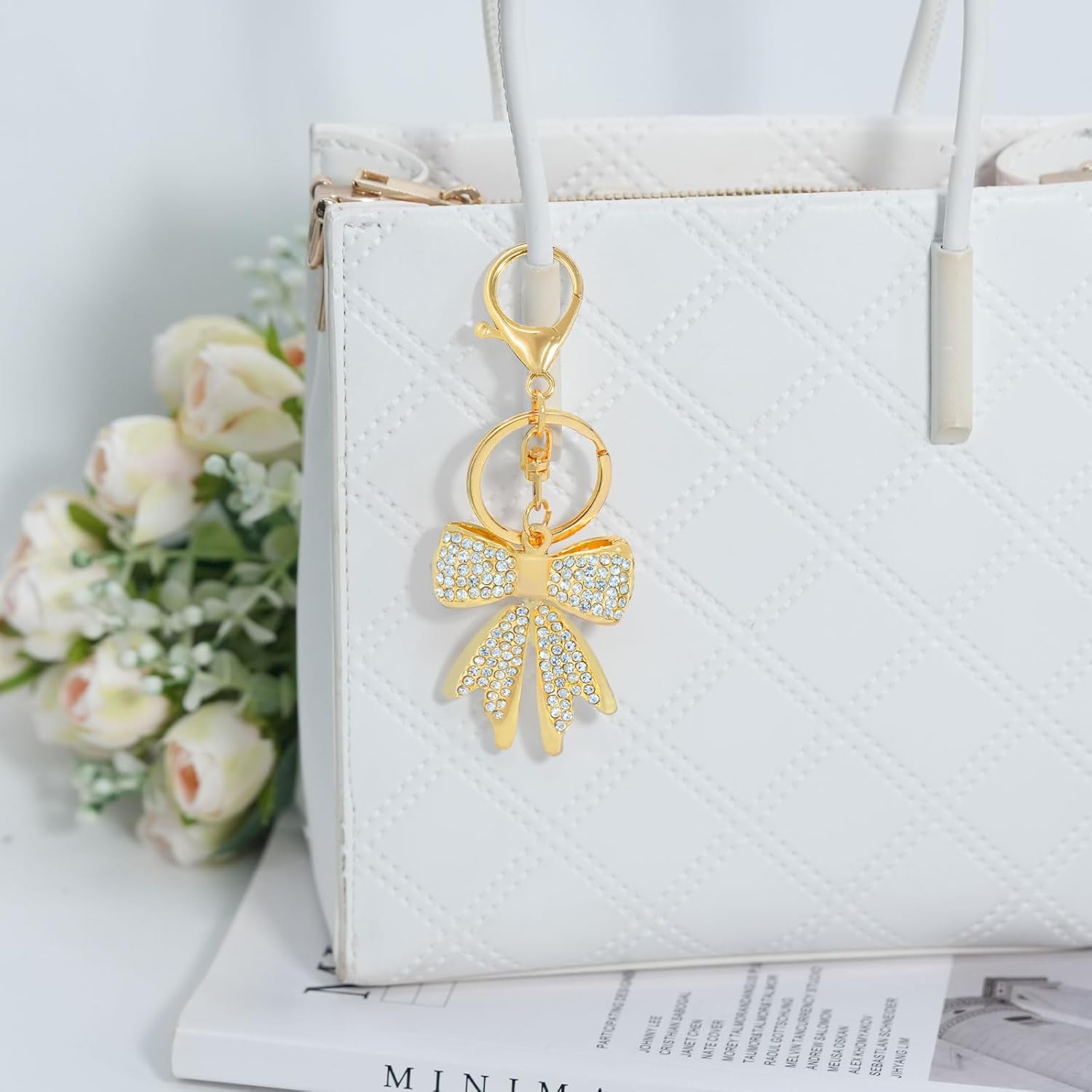 Bow Keychain for Purse Backpack Charms for Handbags Pink Bow Cute Keychain for Women Rhinestone Gold Purse Charms - Image 4