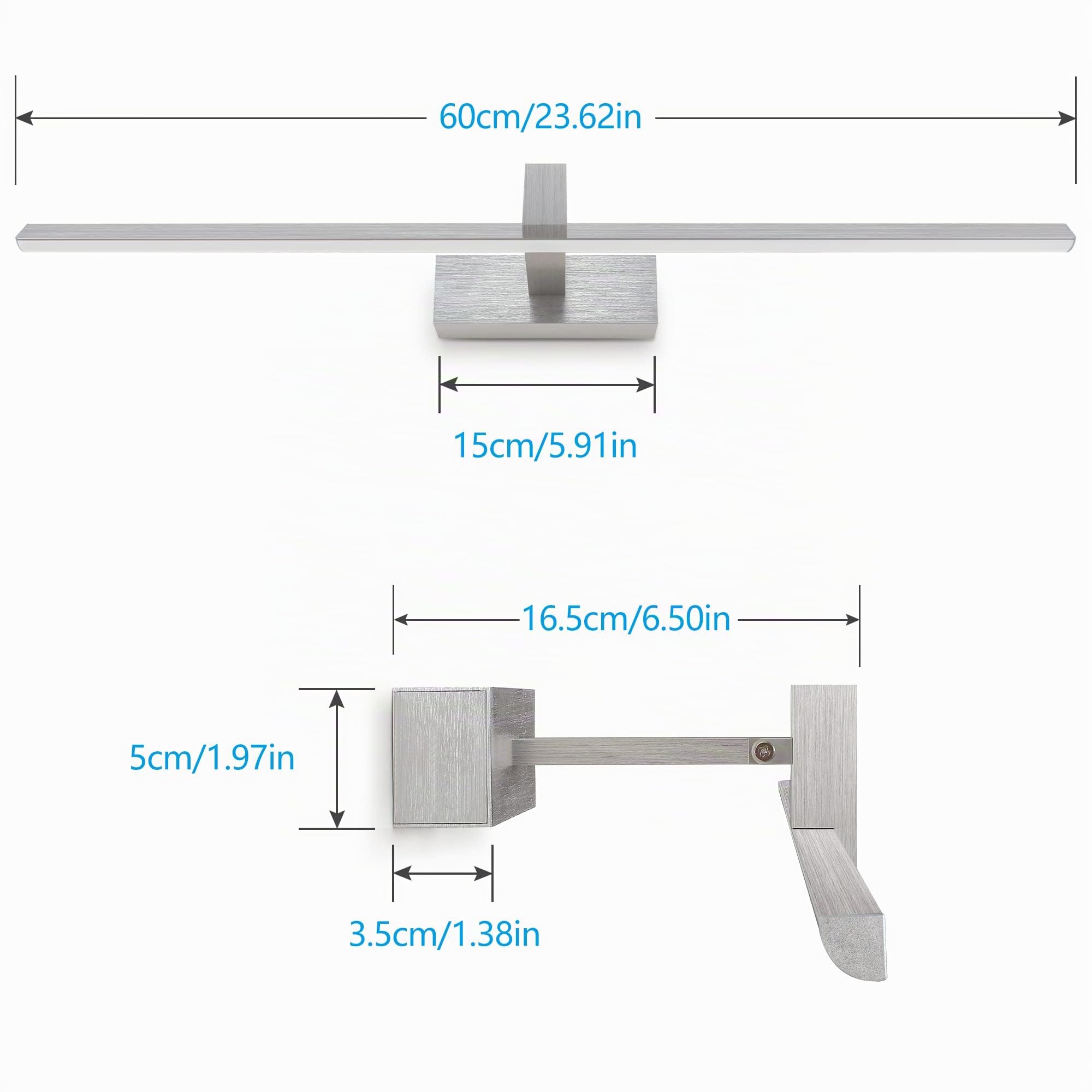 MantoLite LED Lámparas de Pared 12W,60CM 4000K Interior Iluminación para cuadros Con Cabeza de Lámpara Giratoria, Plata Cepillada Baño Espejo Apliques de Pared