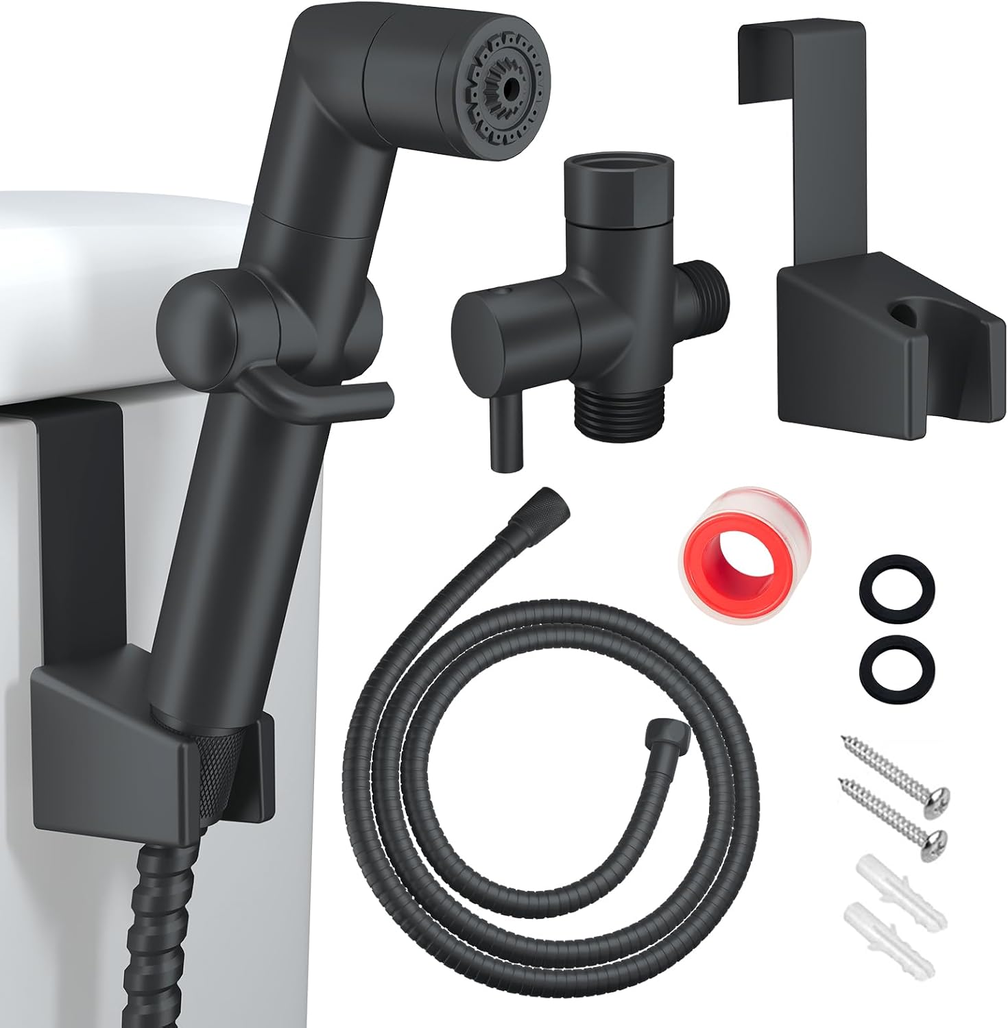 JONKEAN Handheld Bidet Sprayer for Toilet, Water Pressure Control Jet Spray for Toilet, Multi-Function Muslim Shower Toilet, Bidet Attachment Set with Hose, Bracket and T-Valve (Matte Black), PJBP12