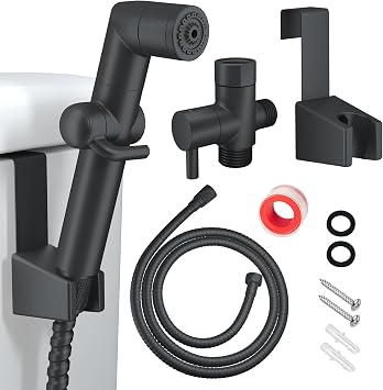 JONKEAN Handheld Bidet Sprayer for Toilet, Water Pressure Control Jet Spray for Toilet, Multi-Function Muslim Shower Toilet, Bidet Attachment Set with Hose, Bracket and T-Valve Matte Black, PJBP12