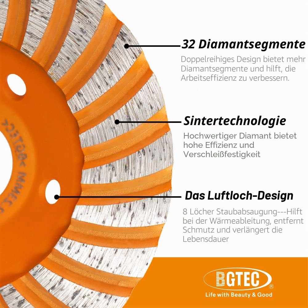 BGTEC Diamant-Schleiftopf für Beton - 125mm Winkelschleifscheibe mit 22.23/15.875mm Unterlegscheibe zum Schleifen von Granit, Marmor, Beton, Ziegel, Mauerwerk