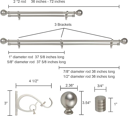 Miniatura 3 de Kemmie Barra de cortina clásica de 1 pulgada con remates redondos y barril, barra de cortina telescópica doble simple, 36-72 pulgadas, níquel mate