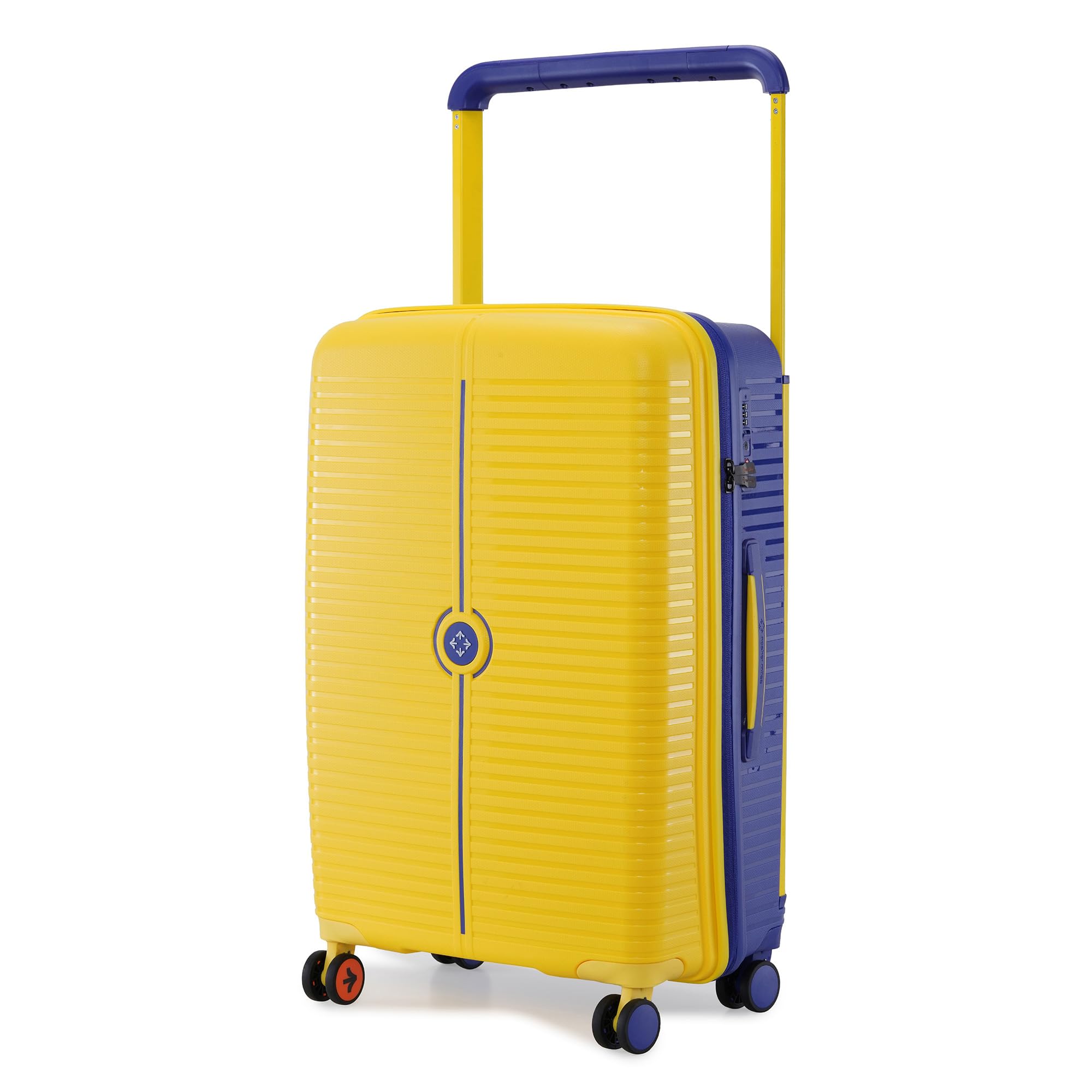 Dubai TSA Lock Hard-Sided Polypropylene Wide Telescopic Handle 8 Wheels Double Spinner Check-in Luggage Yellow Navy Blue 24 inch |65cm Trolley Bag|Medium Check-in Luggage