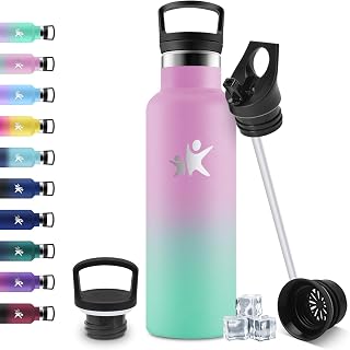 Edelstahl Trinkflasche Kinder 500ml, Thermosflasche mit Strohhalm, BPA-Frei, Kohlensäure Geeignet, Isolierflasche für Fitness, Sprudel