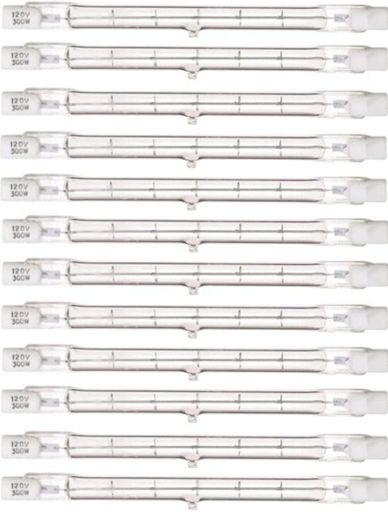 Satco S3104 Model 300T3Q/Cl Light Bulb, 300 Watts, 120 Voltage, 5300 Initial Lumens, T3 Lamp Shape, Double Ended Base, R7s ANSI Base, 4-11/16'' MOL, 0.38'' MOD, 1500 Average Rated Hours, Pack of 12