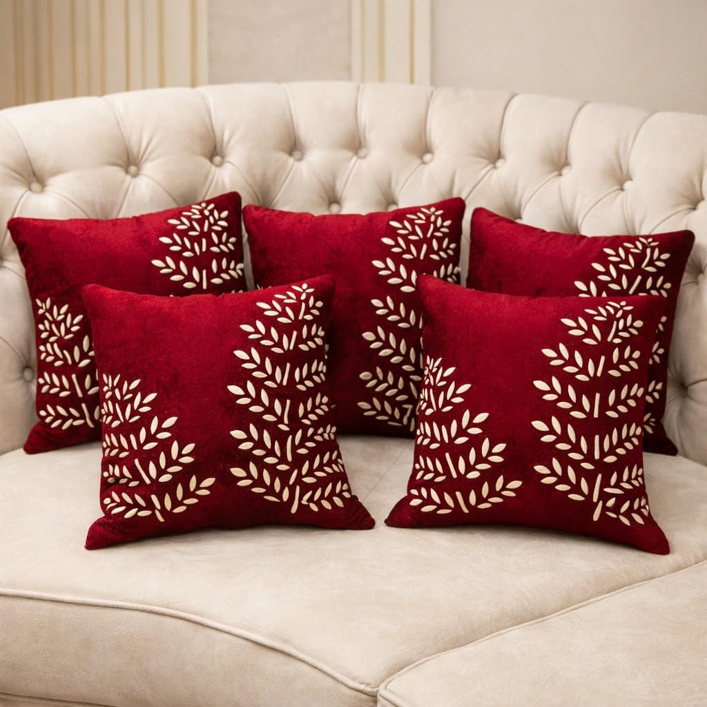 Velvet Floral Embroidered Cushion Covers Set of 5 16 x 16 Inch Premium Decorative Throw Pillow Covers with Hidden Zipper Soft Luxury Cushion Cases for Home Décor-image-38
