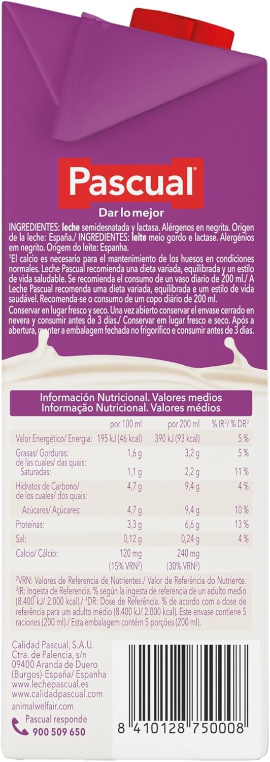 Pascual Leche Semidesnatada Sin Lactosa 6 x 1 L UHT Fácil Digestión