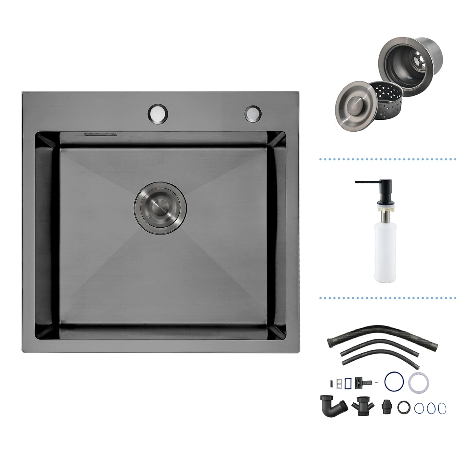 iAnomla Black Small Kitchen Sink, Stainless Steel Kitchen Sink 50 x 50 cm, Drop in Topmount Single Bowl with 2 Tap Holes, Basket Strainer Waste and Overflow Kit, Soap Dispenser, 1 Bowl, Square