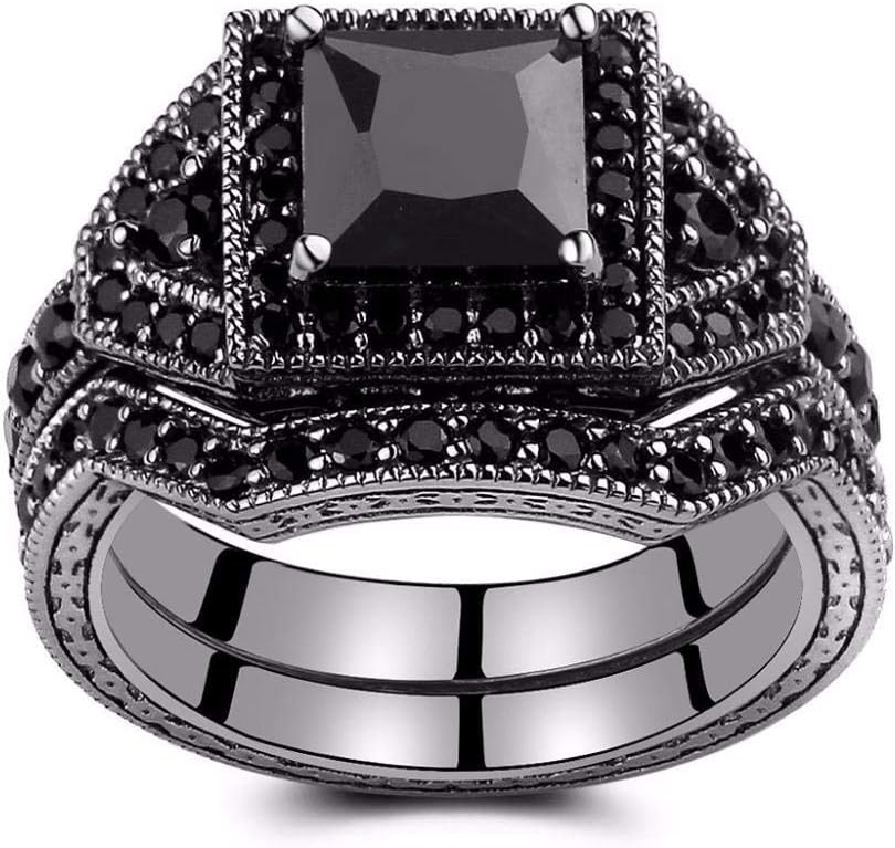 Castillna Black Cubic Zirconia CZ Simulated Diamond Princess Cut Solitaire Halo Bridal Engagement Wedding Rings Sets in Sterling Silver for Women