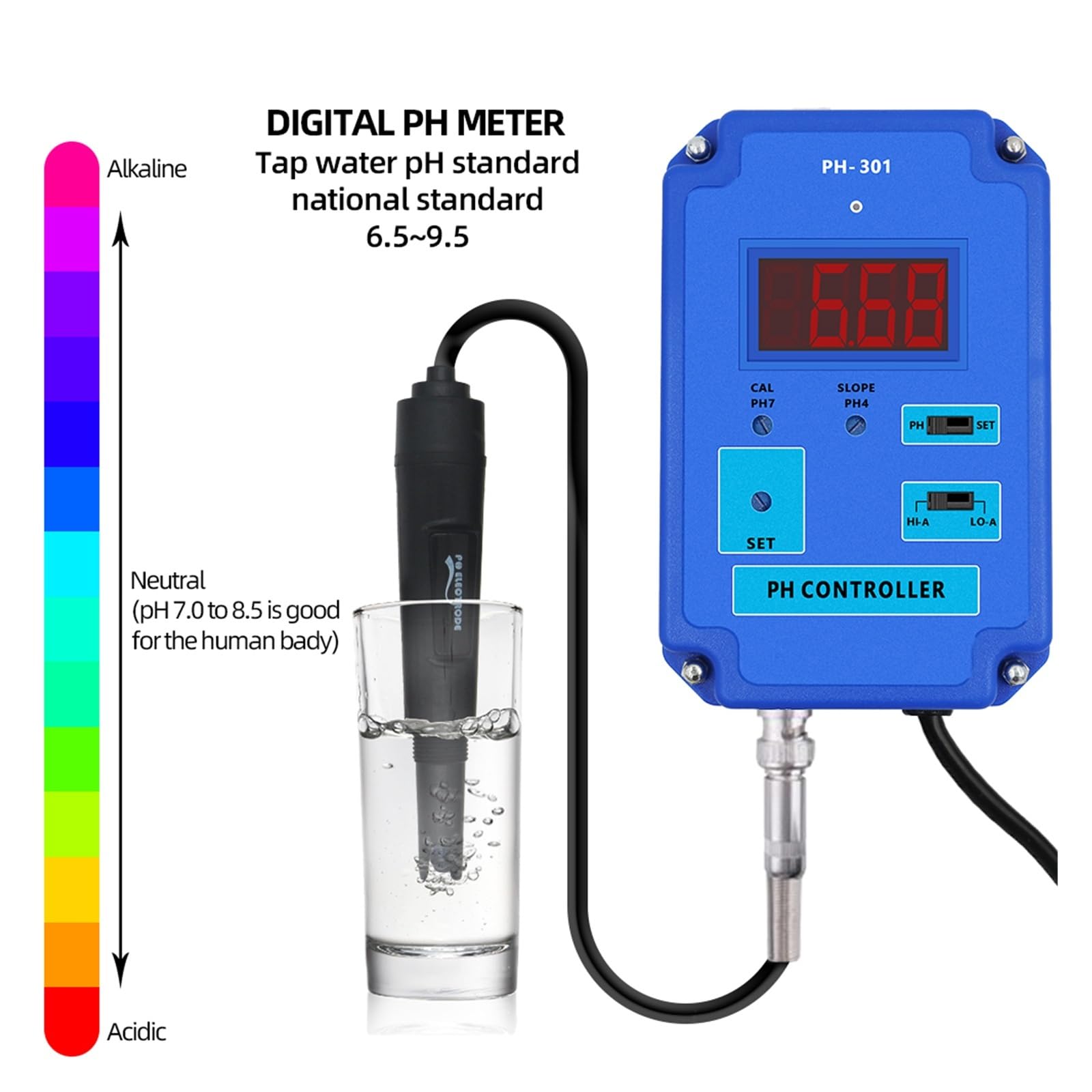 Contrôleur de pH numérique PH-301, testeur pureté l'eau, détecteur d'acidité for aquarium et piscine, Analyse de qualité instantanée