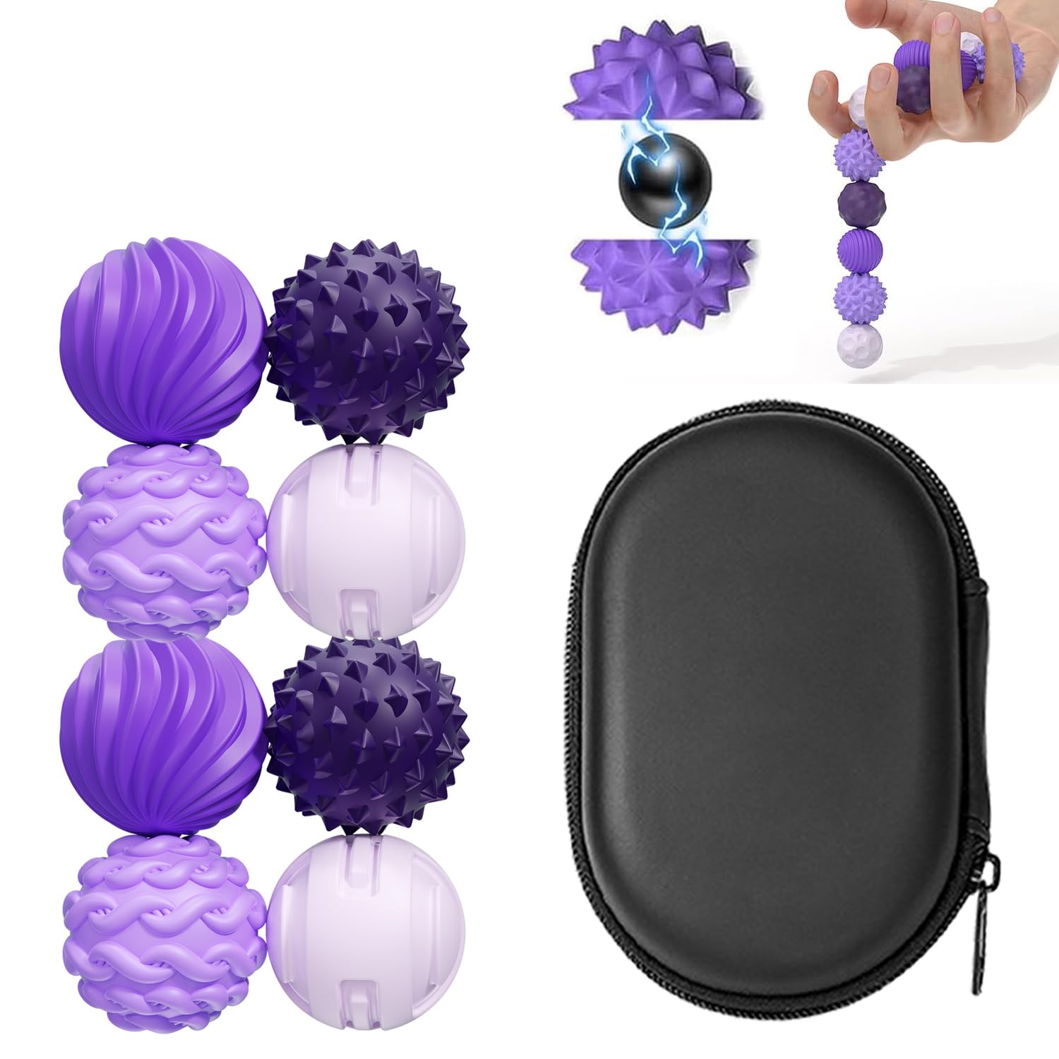 Magnetic Weighted Fidget Balls 8PCS, 4Textured Silicone Sensory Toys, Quiet Anxiety Relief Stimming Tools for Adults Teens Autism ADHD, Portable Storage Case Included,(Purple)
