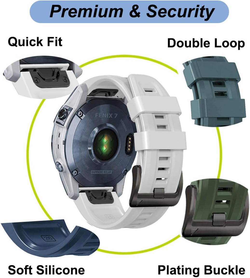 22mm Watch Band for Garmin Fenix 5/Fenix 6/Fenix 7/Fenix 8 47mm/Fenix E 47mm, Soft Silicone Band Strap Wristband with Quick Fit for Garmin Smart Watch - Image 3