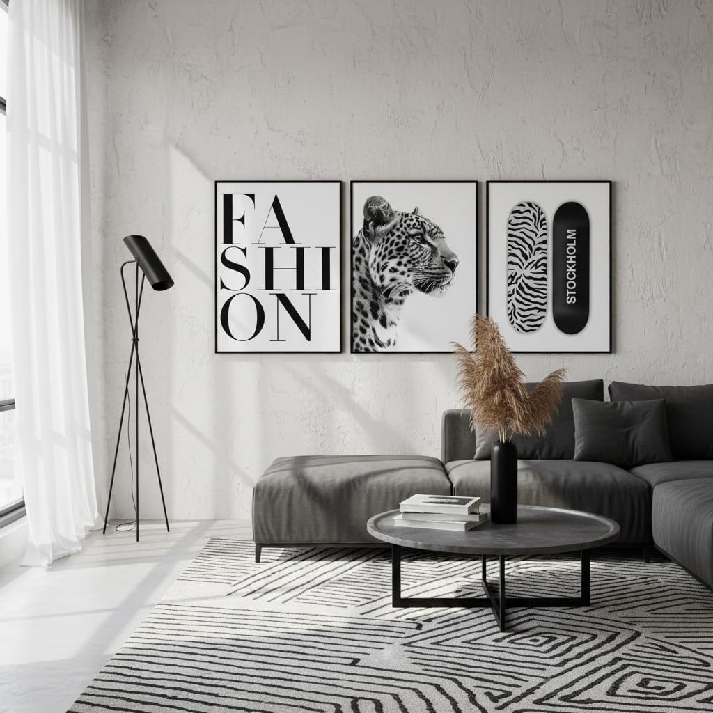 3Pcs Trendy Black and White Leopard Poster Wall Art Preppy Stockholm Cheetah Painting Picture Wall Decor Funky Skateboard Canvas Print Artwork for Dorm Apartment Bathroom Home Decoration Unframed