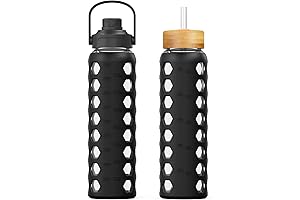 MUKOKO 32oz Motivational Glass Water Bottle with Straw and 2 Lids