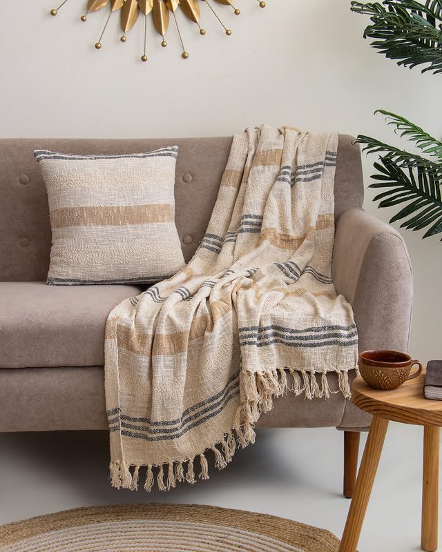 Image of Rustic Stripe Design Cotton Sofa Throw (50x70 Inches) with 2 Pcs Cushion Cover(16x16 Inch) Soft Lightweight Thrower for Couch, Living Room & Bed (Pack of 3)