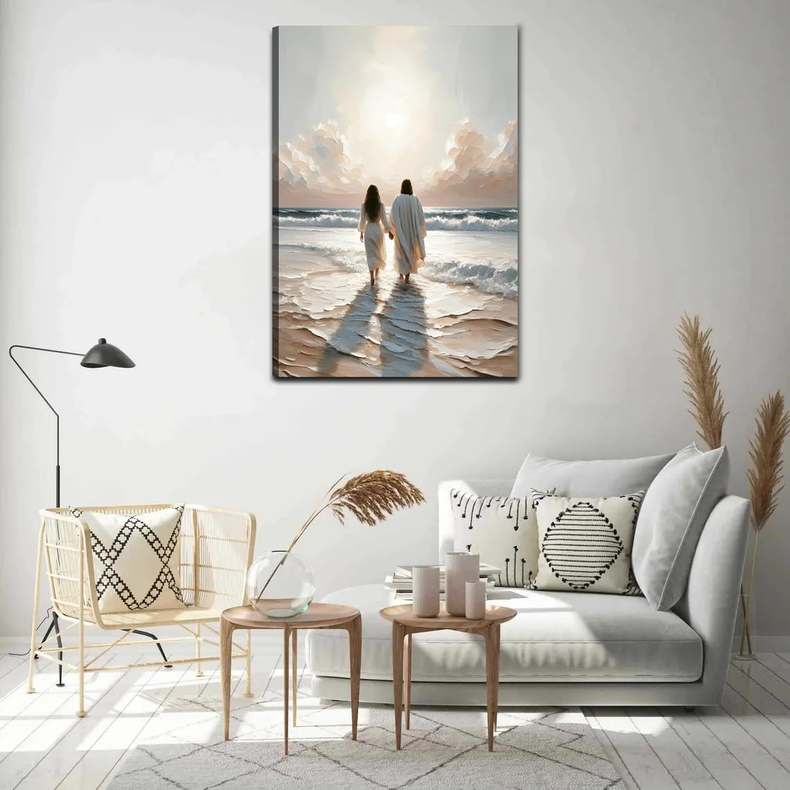 Jesus Canvas Wall Art Jesus Woman Walking on Water Wall decor pictures Religious Coastal Painting Christian poster prints for living room bedroom Home Decoration Ready to hang (24inx36in Canvas)