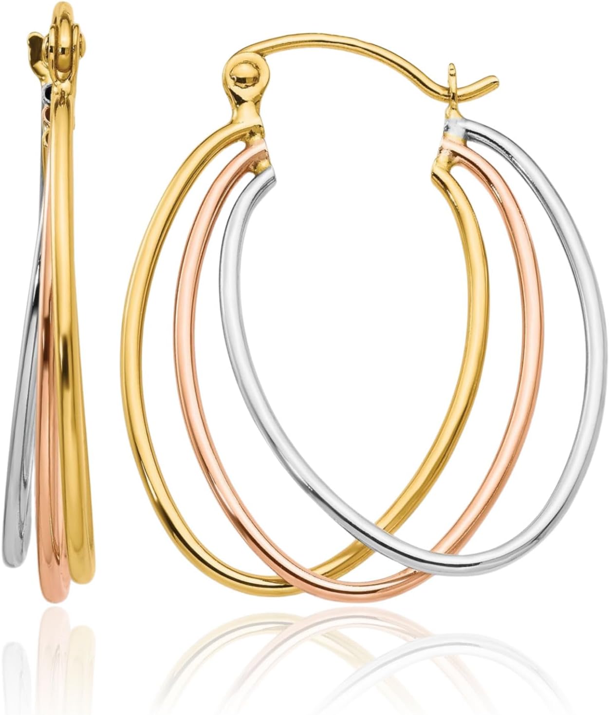 14K Tri Color Gold Hoop Earrings Medium Oval Polished Snap Back Wire Clutch For Women Gift Anniversary Birthday Everyday