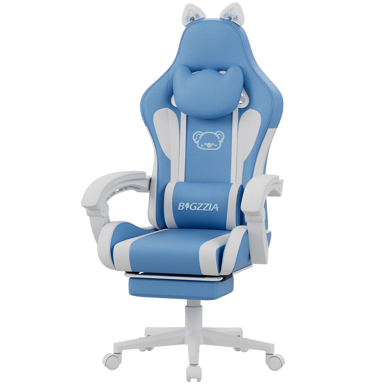 bigzzia Silla Gaming Ergonómica con Orejas de Gato para Niños, Niñas y Adultos, Silla de Juegos de Ordenador Ajustable en Altura con Reposacabezas y Soporte Lumbar de Masaje (Azul Blanco)