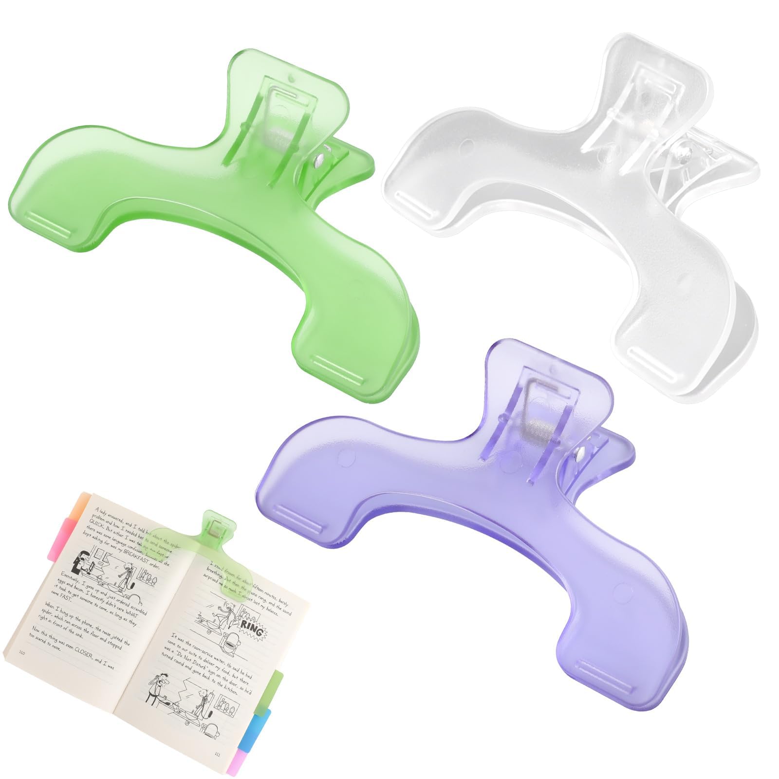 3 Pcs Transparent Book Clips,Book Page Holder for Reading Portable Book Opener Multifunctional Page Markers for Teachers Students Office Home（Green Purple White）