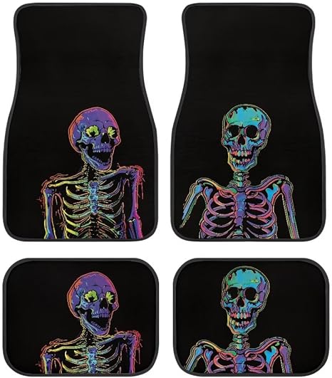 Cool Skeleton Print Skull Car Floor Mats Suitable for Cars SUVs Trucks,Front & Rear Automotive Floor Mats,4 Pieces
