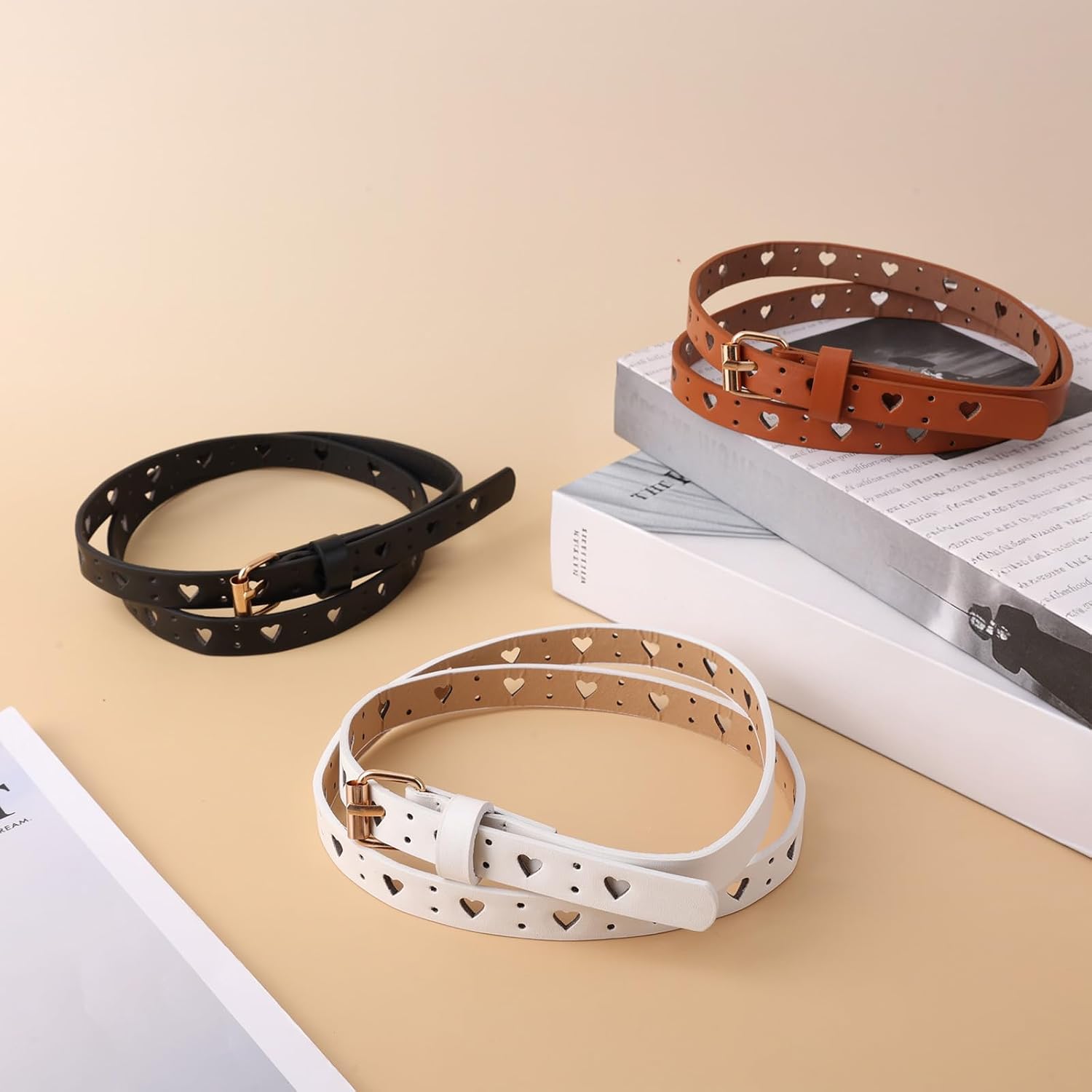 Mikovivi 3pcs Girls Leather Belts for Kids Size 10-12, Openwork Heart Style Skinny Leather Toddler Teen Belt Clothing Accessories for Jeans Dresses Uniform (Black, White, Camel)