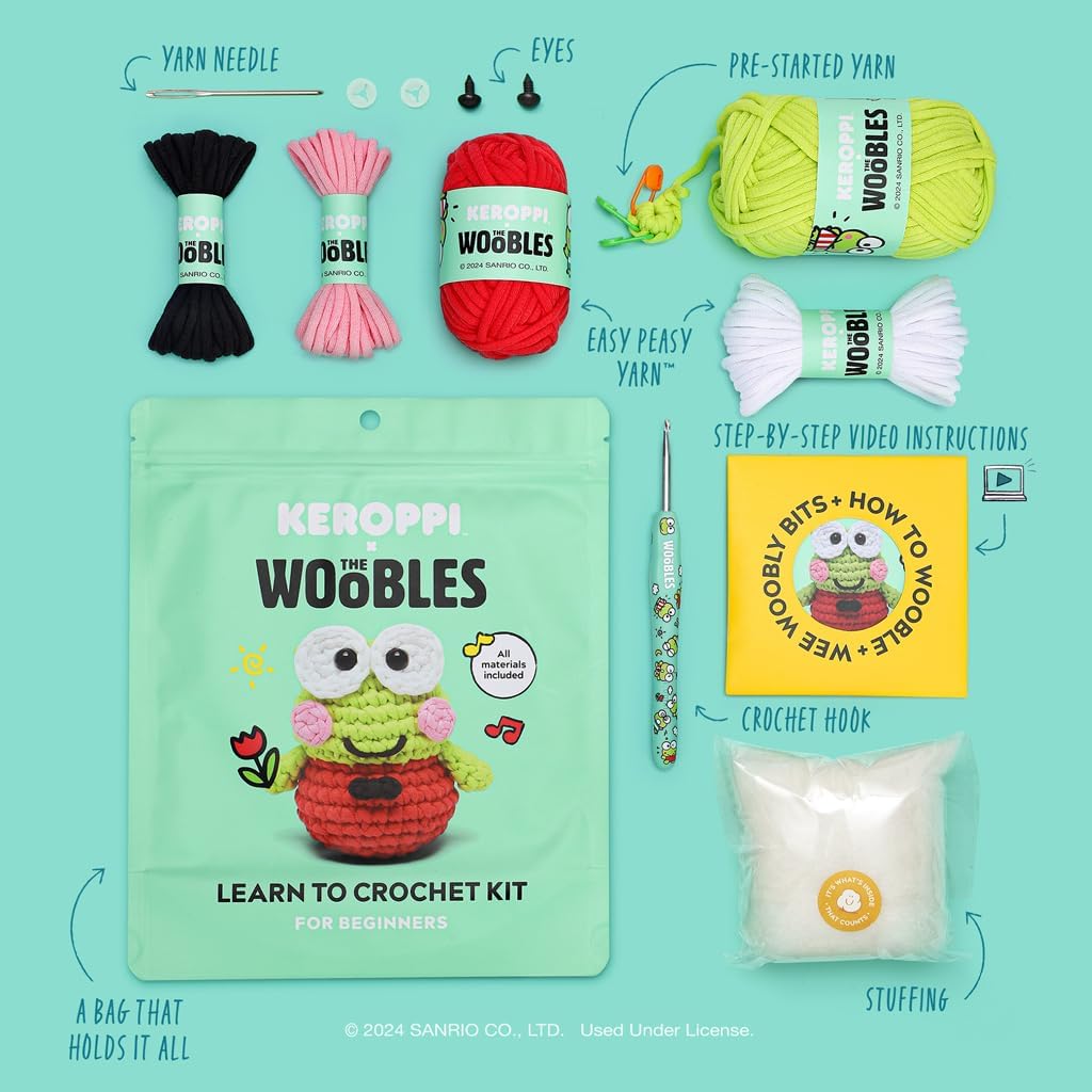 The Woobles Hello Kitty Crochet Kit - Beginners Wooble Crochet Animal Kit Crafts with Easy Peasy Yarn as seen on Shark Tank - with Step-by-Step Video Tutorials (Keroppi)